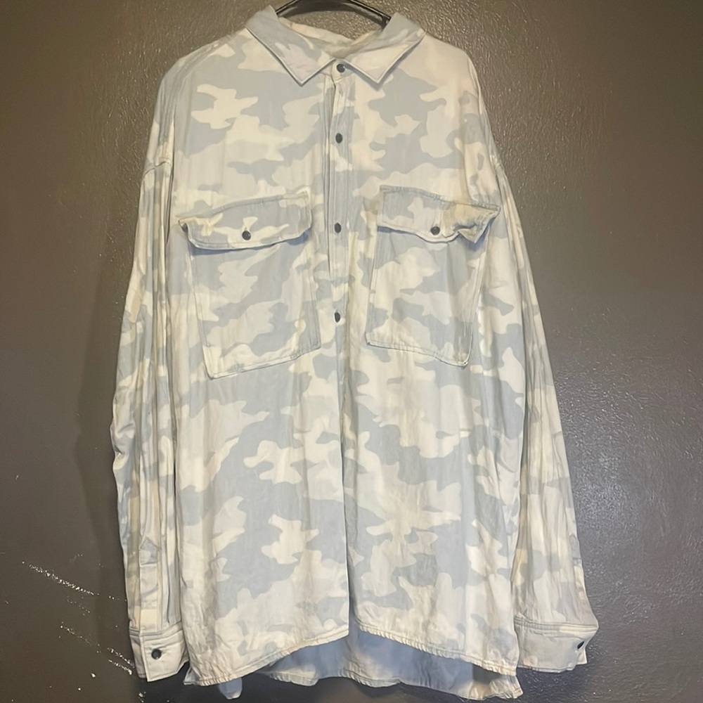 Blue and white camo button up.